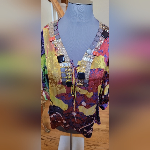 $395 NWOT MAGASCHONI BLOUSE TUNIC TOP EMBELLISHED JEWELED V NECK 3/4 SLEEVE XL - Picture 2 of 11
